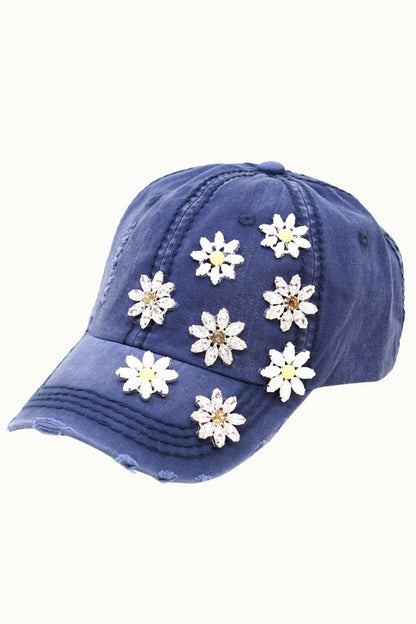 Daisy Bejeweled Bling Distressed Cap, Adjustable Multi colors available