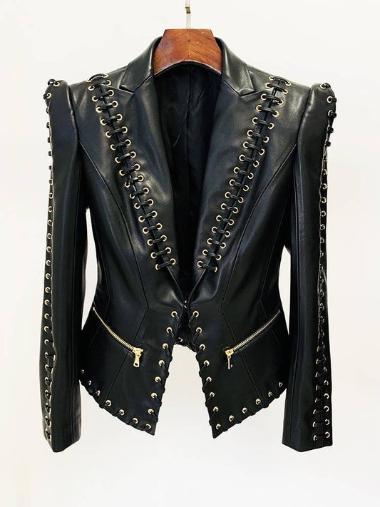 Chic Eyelet Leather Blazer: Edgy Elegance
