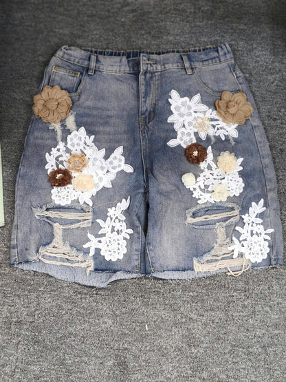 Floral Lace Embellished Denim Shorts