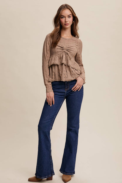 Stretch Lace Tiered Blouse with Drawstring Detail