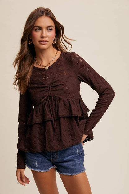 Stretch Lace Tiered Blouse with Drawstring Detail