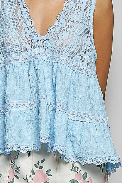 Sleeveless Deep V-neck Lace Trim Knit Top