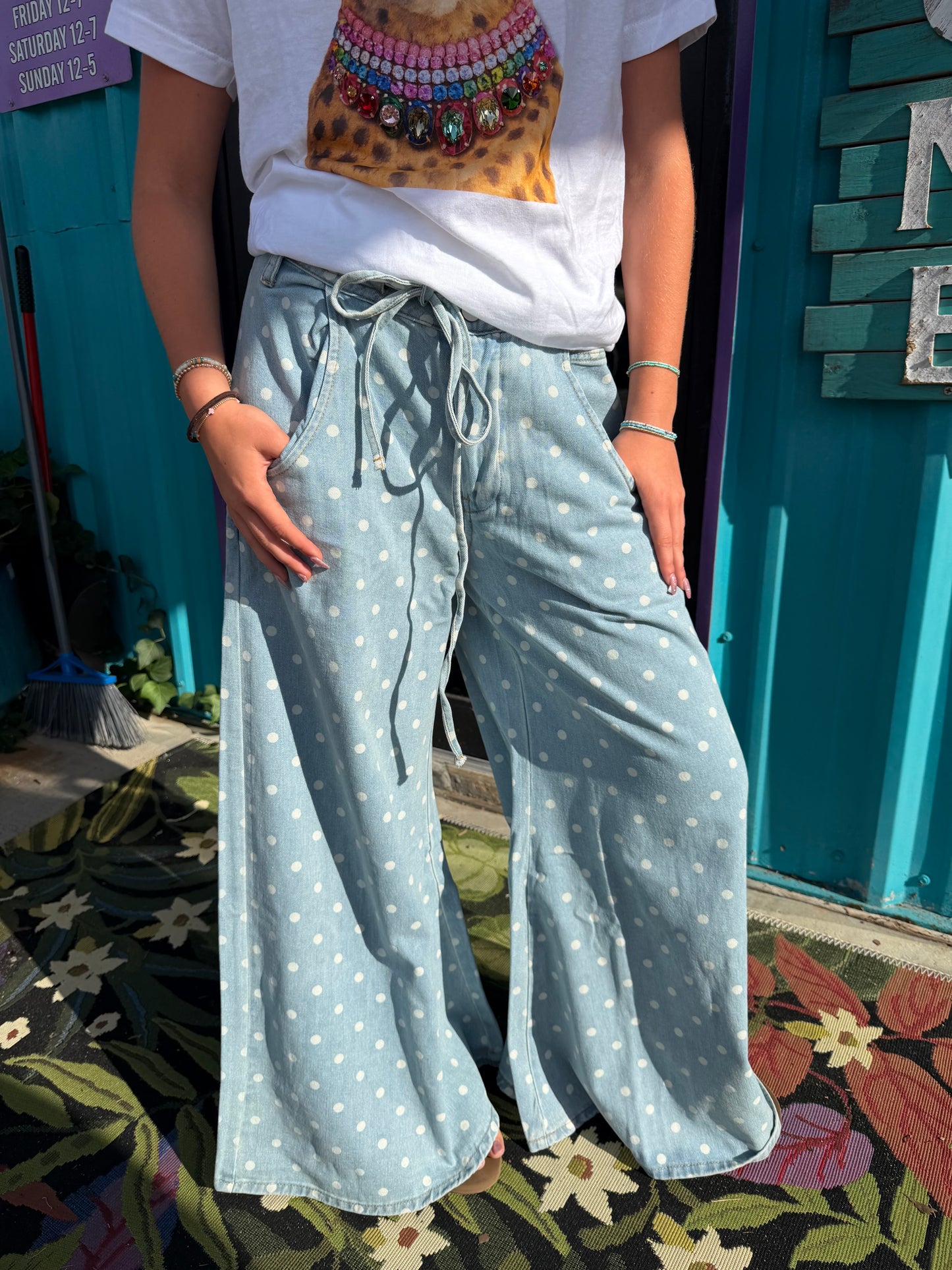 Polka Dot Wide-Leg Denim Pants