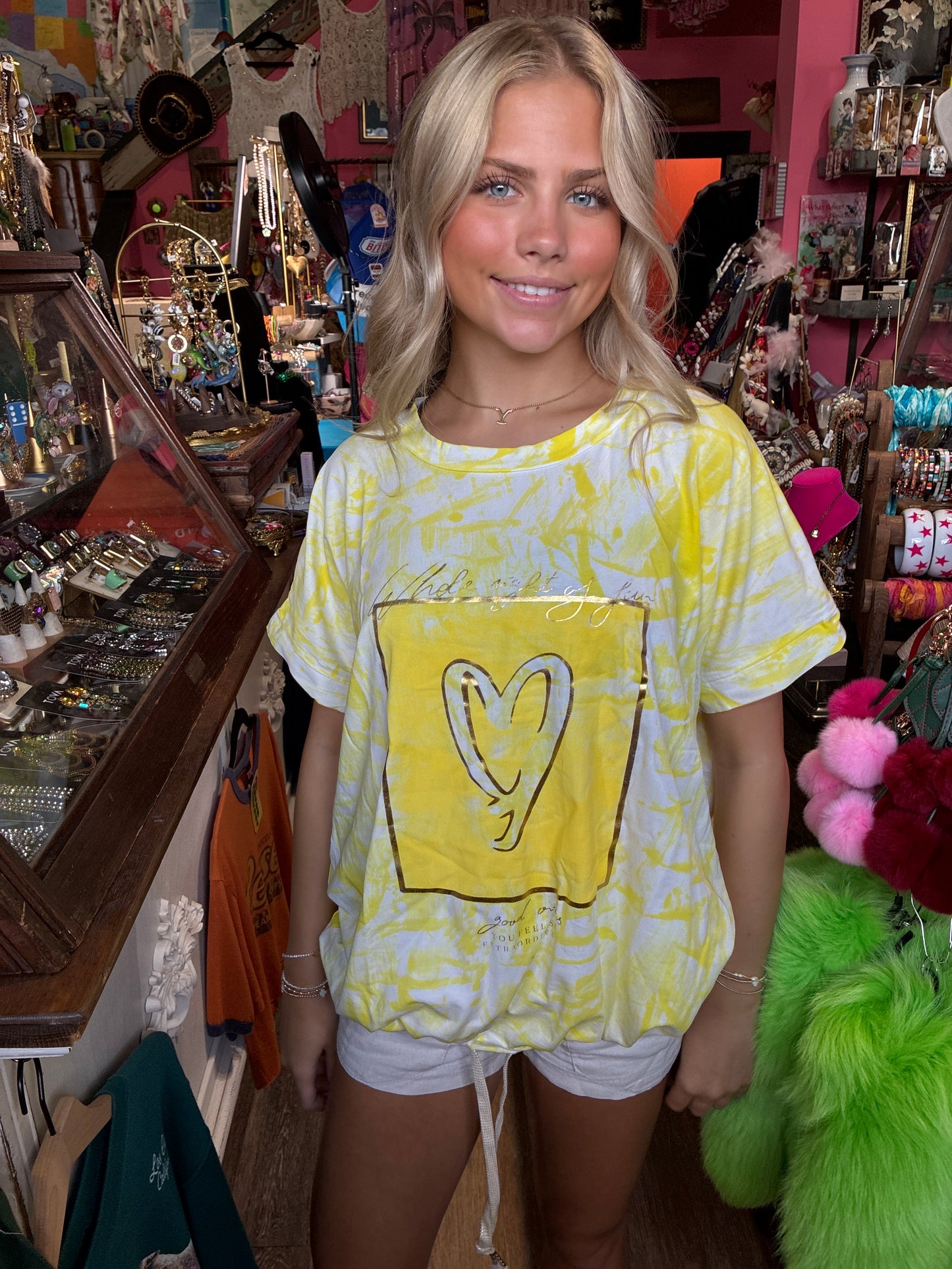 Heart Tie-Dye Cotton T-Shirt Yellow