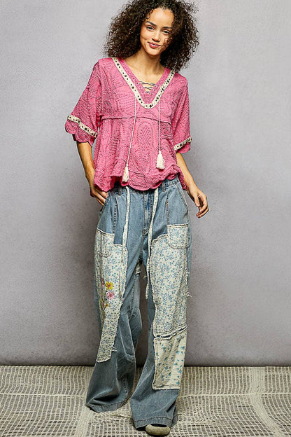 Short Sleeve Adjustable Drawstring Crochet V Neck Top