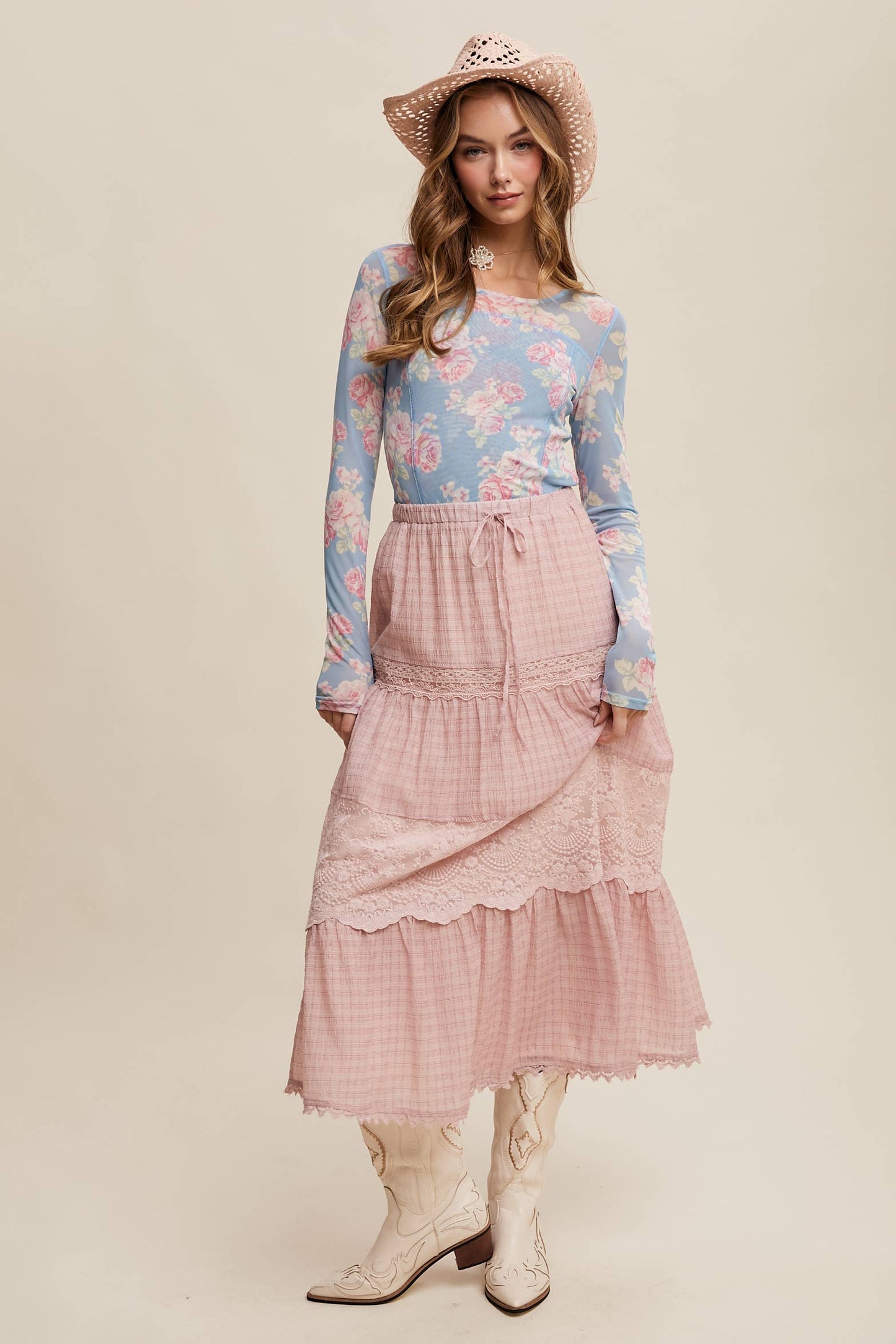Floral Mesh Long Sleeve Layering Top
