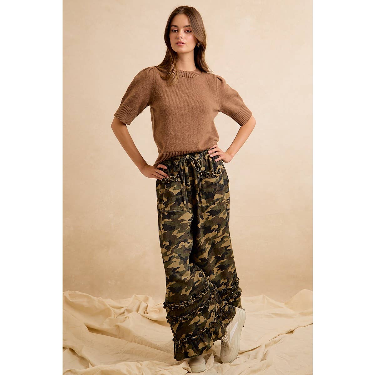 CAMOUFLAGE PRINTED TWILL RUFFLED DETAIL WIDE PANTS