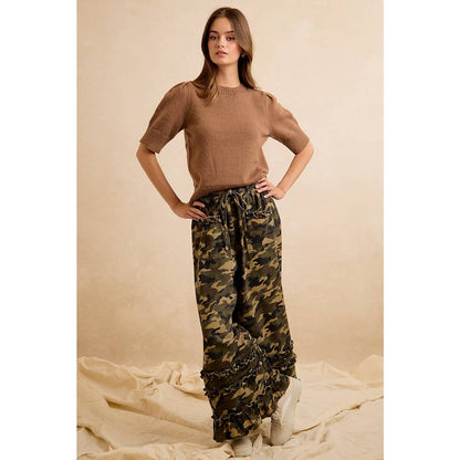 CAMOUFLAGE PRINTED TWILL RUFFLED DETAIL WIDE PANTS