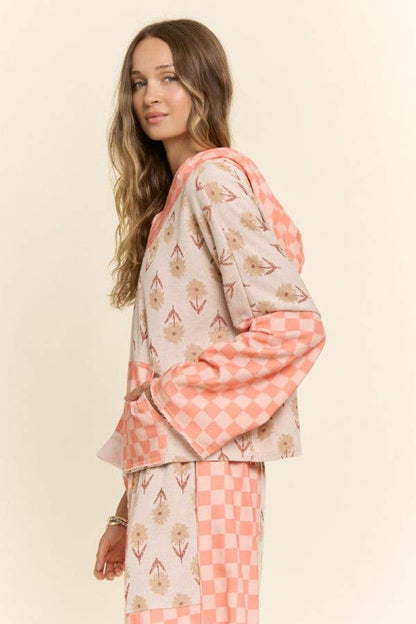 Retro Floral Checkered Patchwork Hoodie Lounge Set
