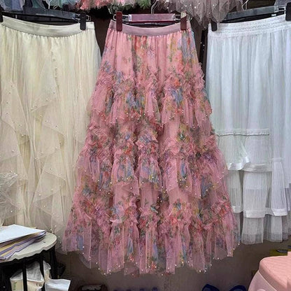Beaded Floral Mesh Layered Skirt