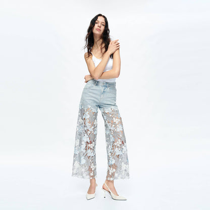 HIGH RISE WIDE LEG JEANS WITH LACE SPLICED