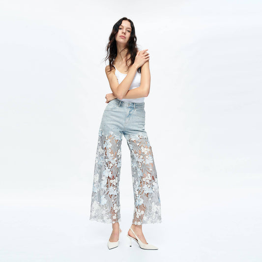 HIGH RISE WIDE LEG JEANS WITH LACE SPLICED
