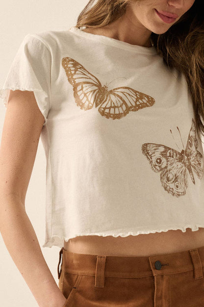 Butterflies Cropped Lettuce-Edge Graphic Baby Tee