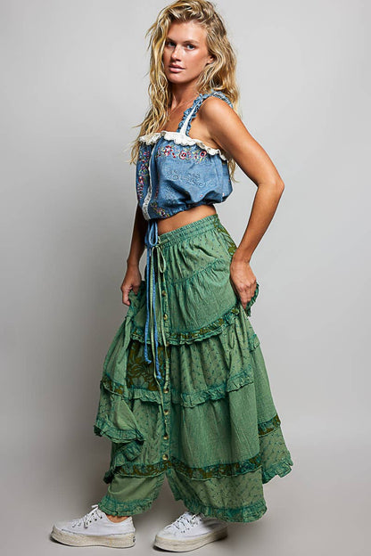 Boho Tie Waistband Patchwork Tiered Ruffle Maxi Skirt