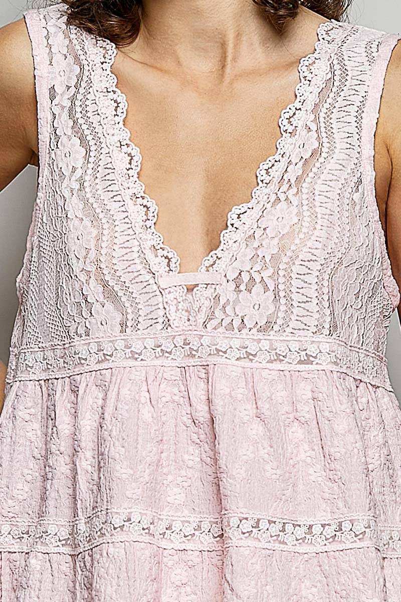 Sleeveless Deep V-neck Lace Trim Knit Top