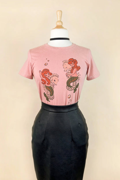 Mermaid Sisters Fitted Tee in Dusty Pink