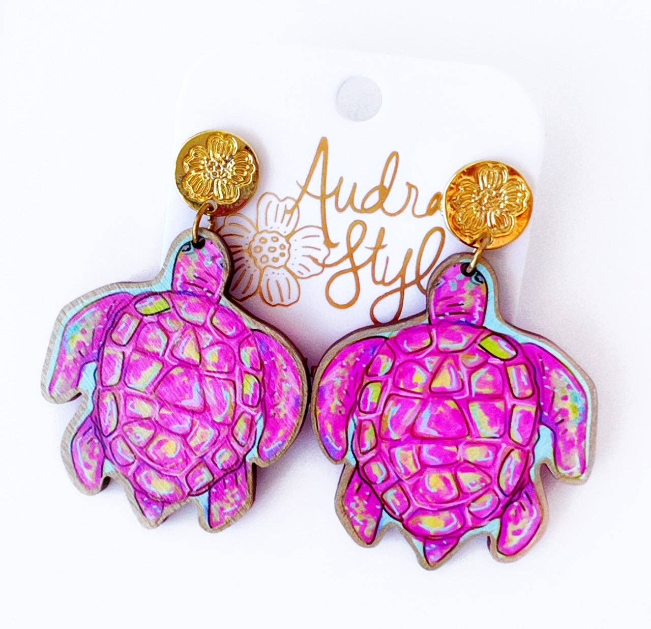 Pink Sea Turtle Dangle Earring Coastal Resort Nautical