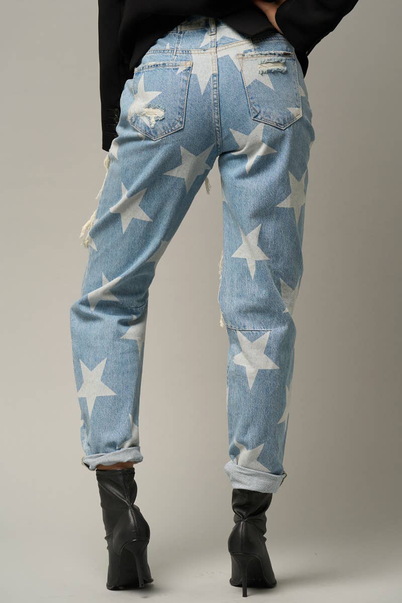 High Rise Ripped Star Print Slouch Jeans