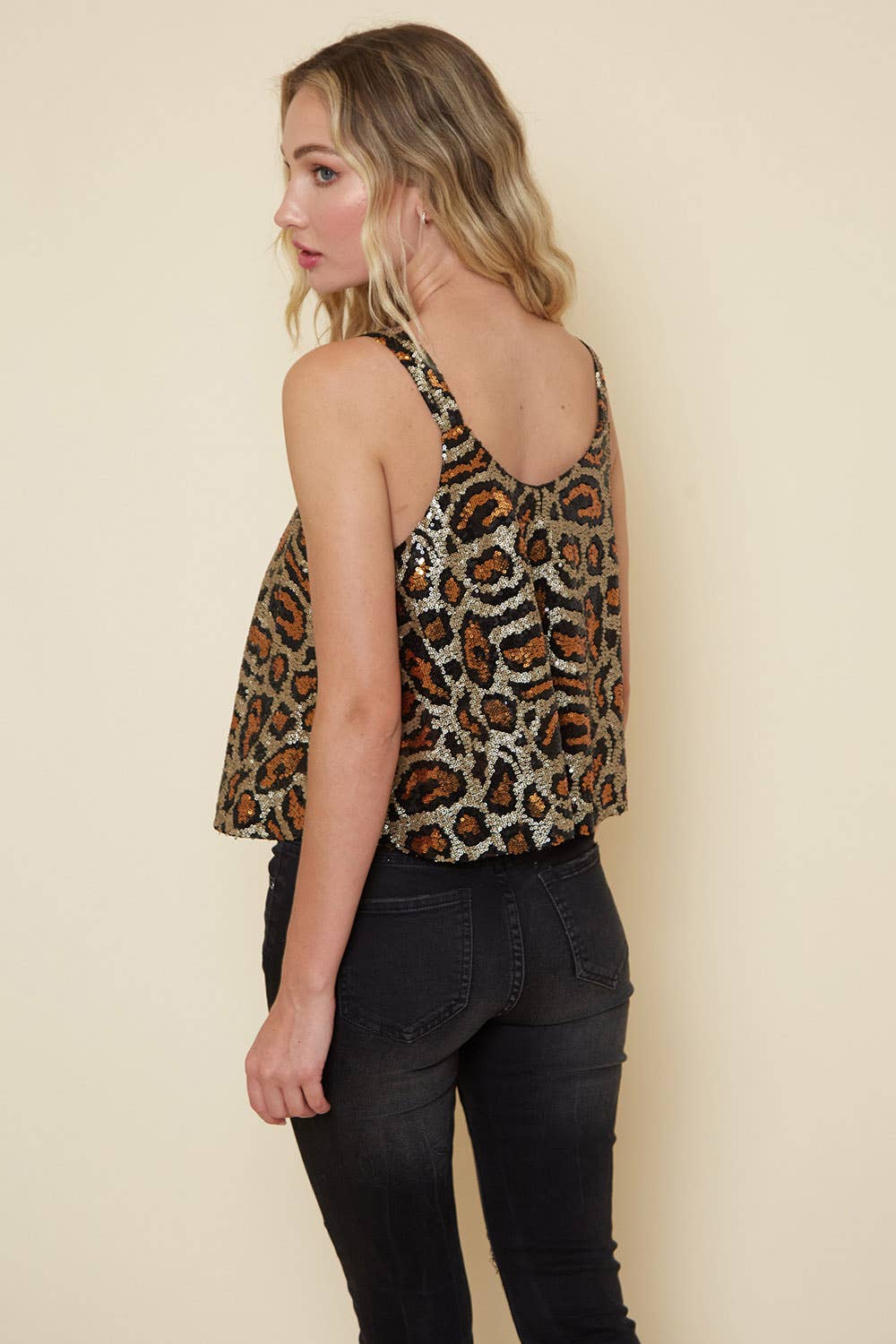 GOLD ANIMAL PRINT FLOWY SEQUIN TANK-LINED