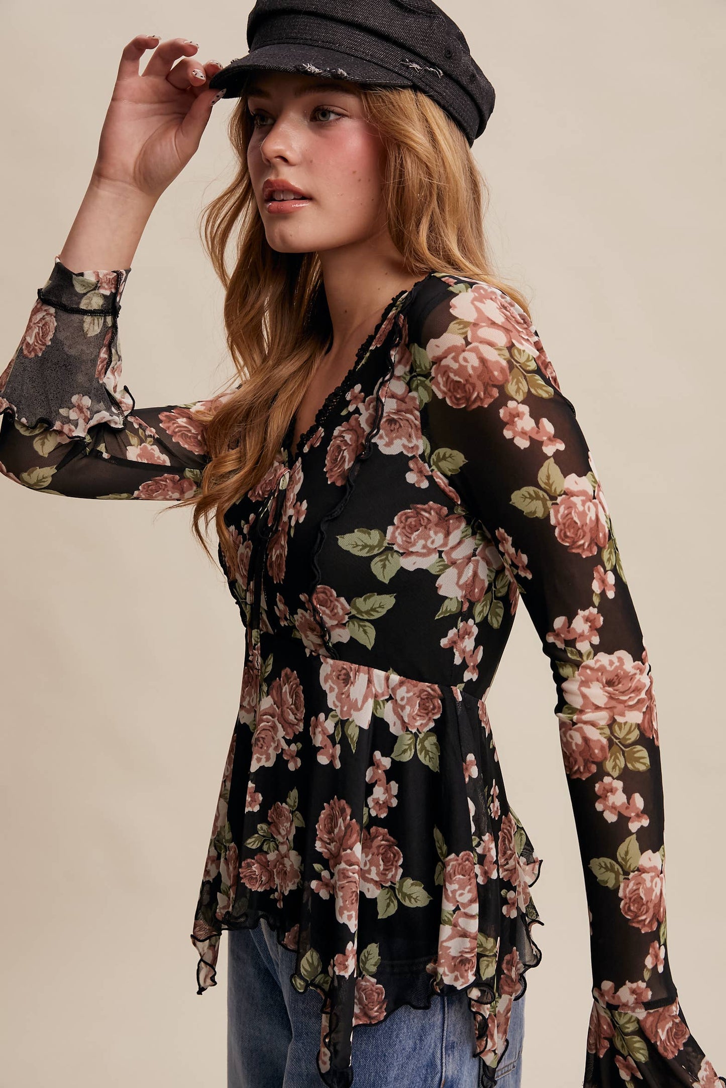 Floral Mesh Handkerchief Blouse