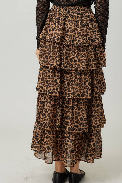 Leopard Print Tiered Ruffle Maxi Skirt