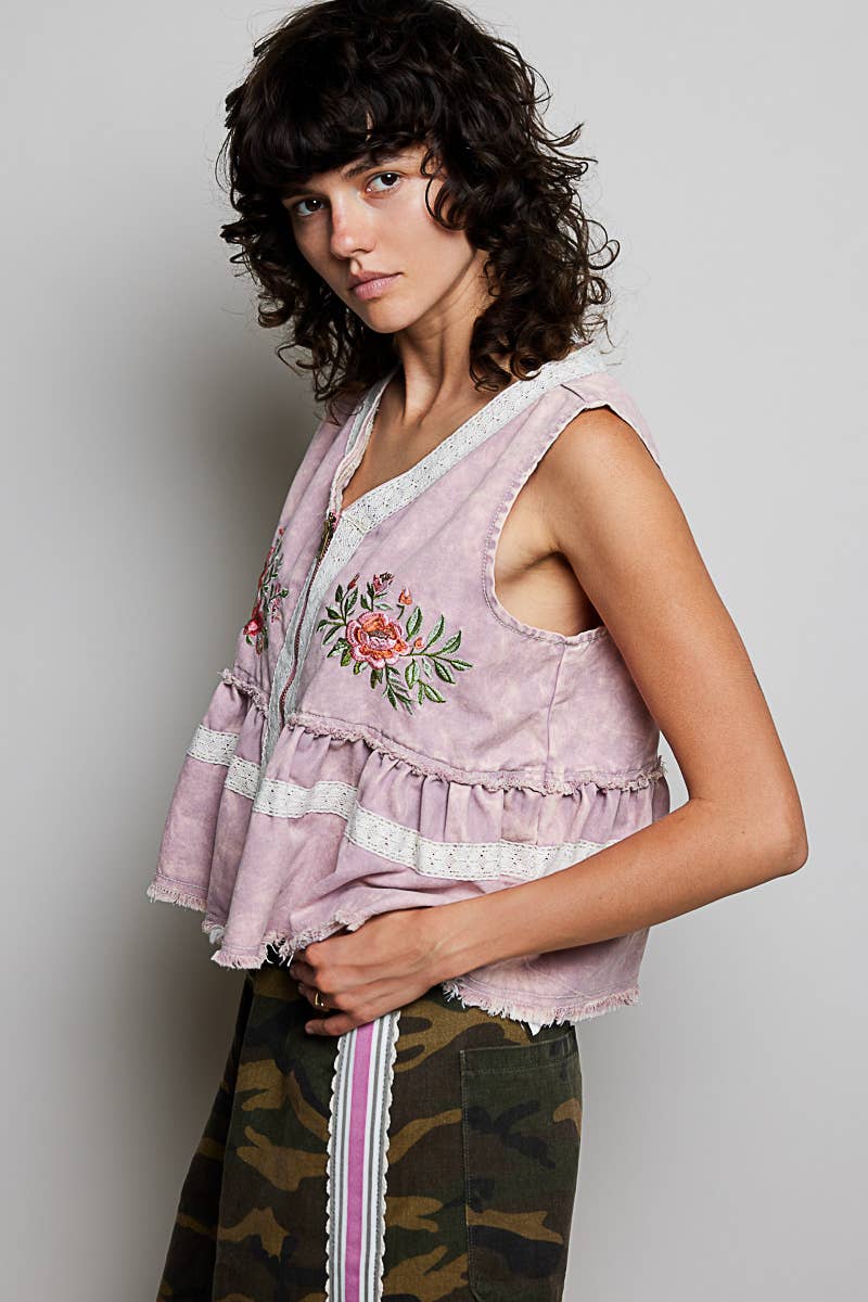 Embroidered Raw Edge Vintage Washing Twill Vest Jacket Top