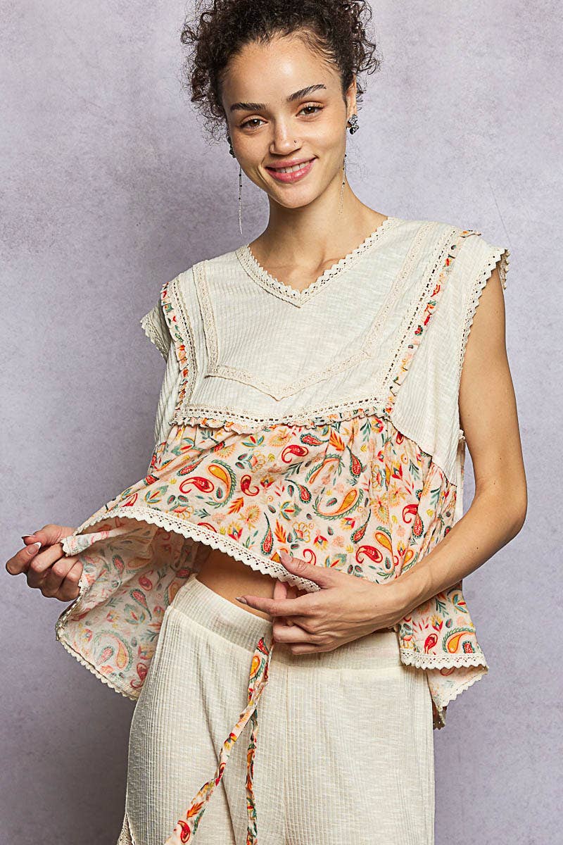 V-neck Floral Ruffle Sleeveless Top