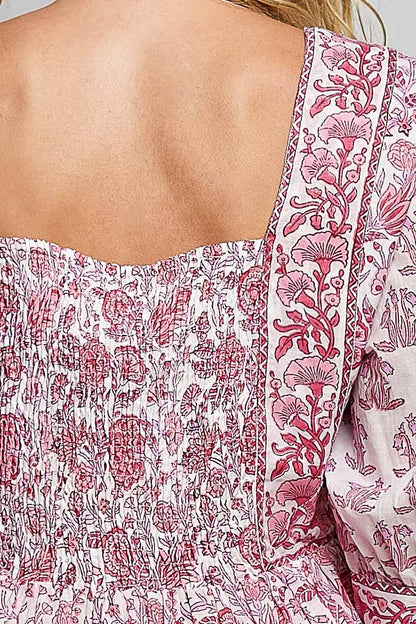 Boho Square Neck Gathered Waist Floral Block Print Blouse