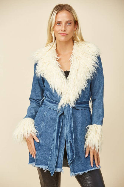 FAUX FUR DENIM WRAP COAT