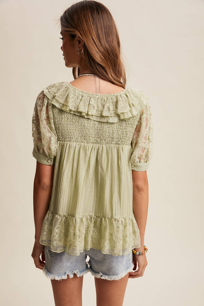 Lace Trim Ruffle Peplum Blouse