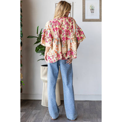 WASHED PRINTED RUFFLE DETAIL BLOUSE TOP