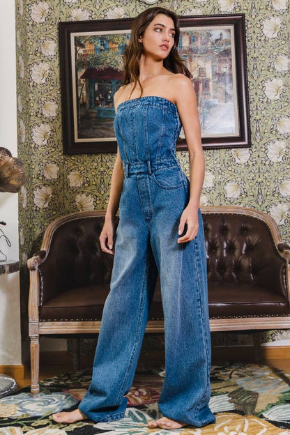 Corset Style Strapless Denim Jumpsuit