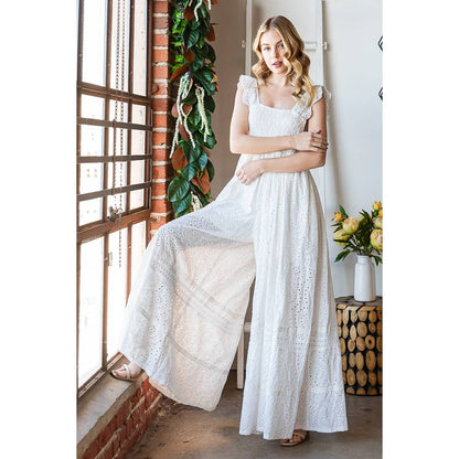 WHITE SMOCKED EYELET SLEEVELESS WIDE LEG JUMPSUIT