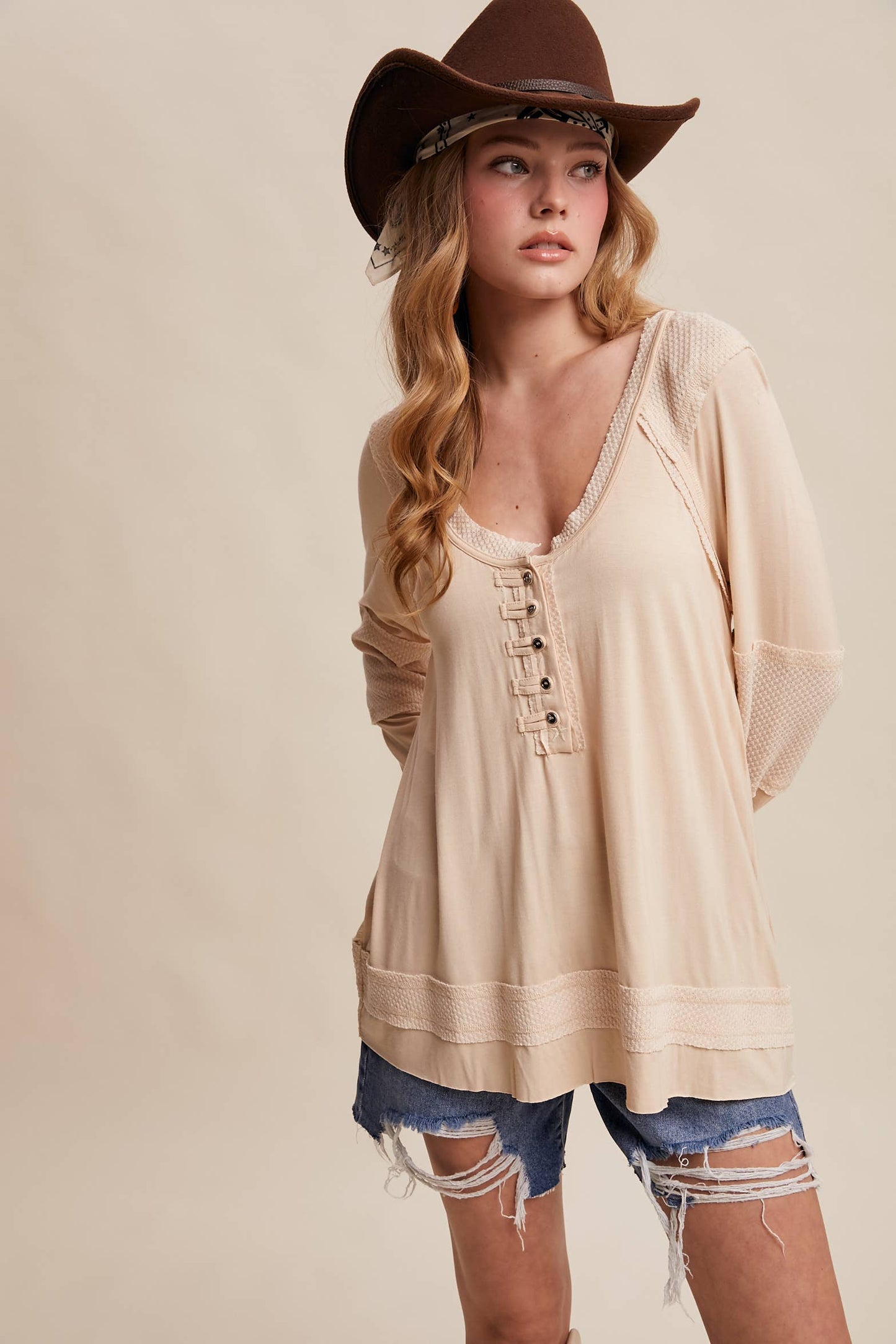 Textured Panel Button Henley Top