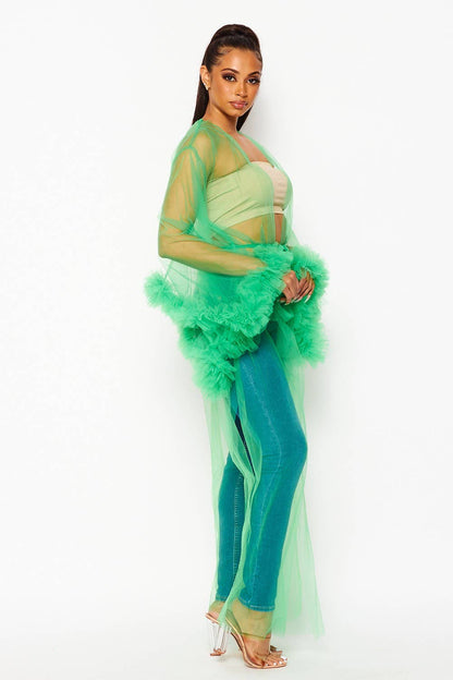 Tulle Mesh Ruffle Duster Cardigan
