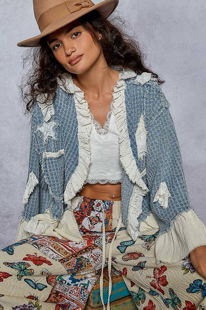 3/4 sleeve double gauze ruffle star denim woven jacket
