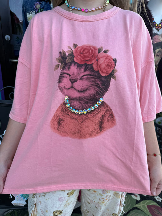 Pink Cat T-Shirt Swarvoski Rhinestone T-Shirt