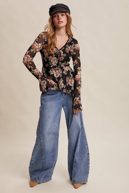 Floral Mesh Handkerchief Blouse