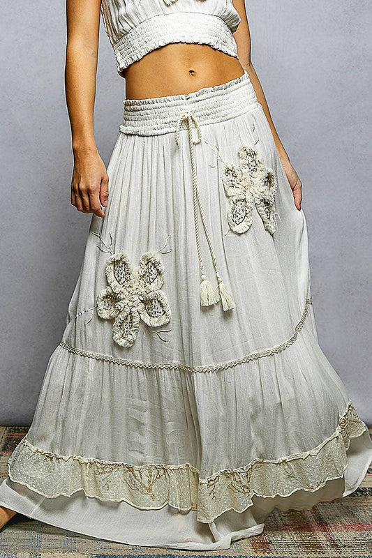 Smocked Waist Ruffle Embroidered Fringe Long Skirt