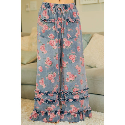 WASHED FLORAL DENIM WITH RUFFLE ELASTIC WIDE PANTS