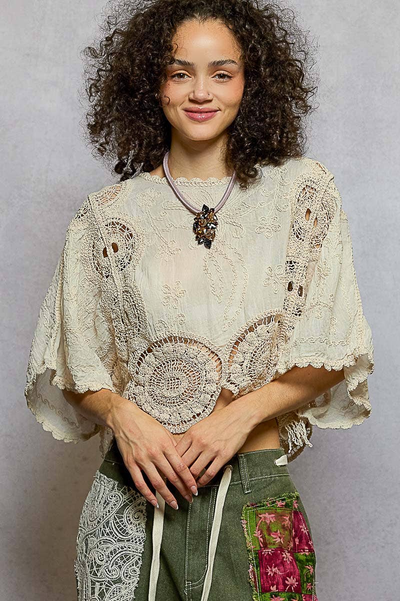 Scalloped knitted border Round Neck Crochet 3/4 Sleeve Top