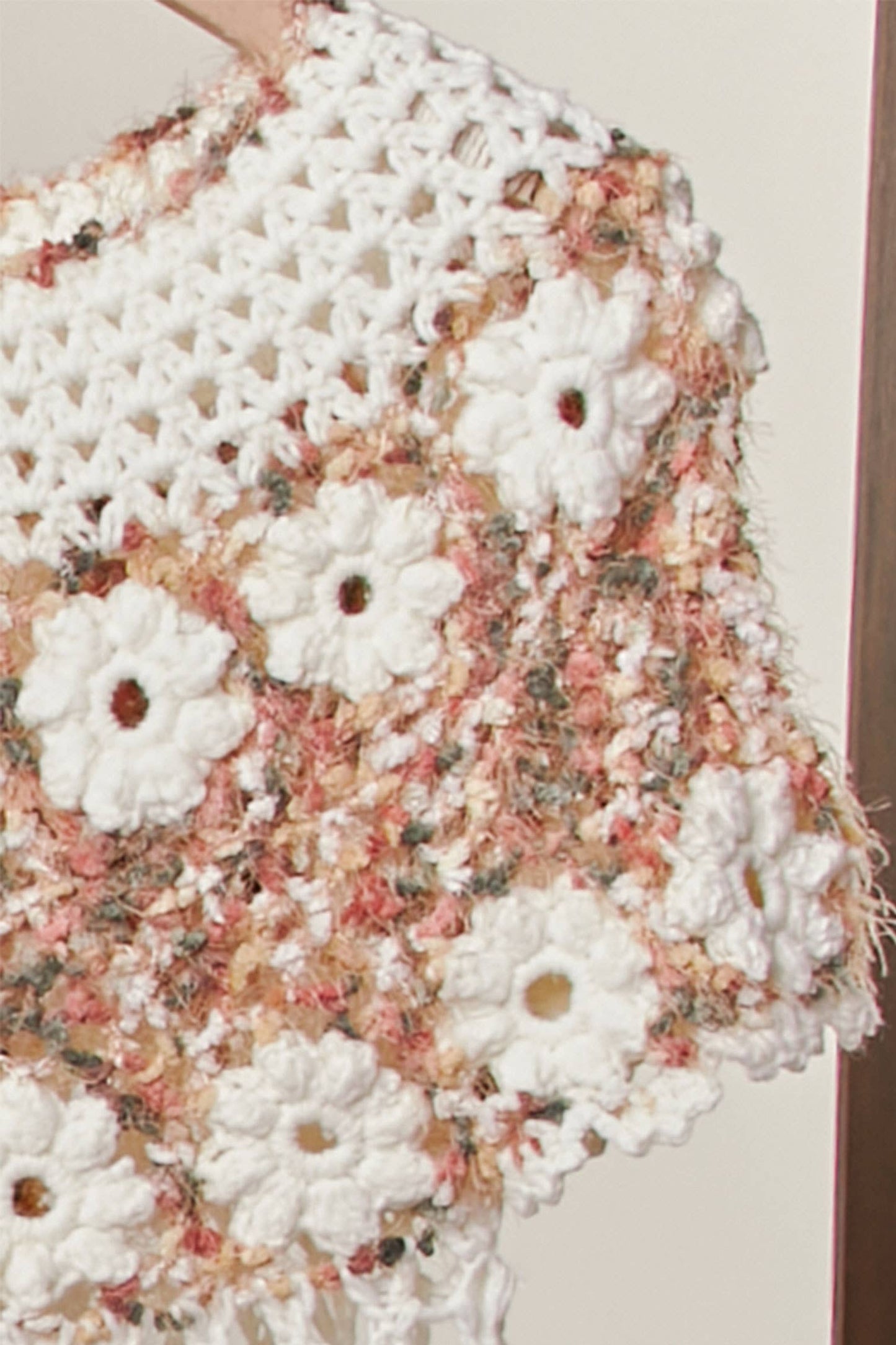 Beige and Pink Round Neck Crochet Knit Top with Floral Patch