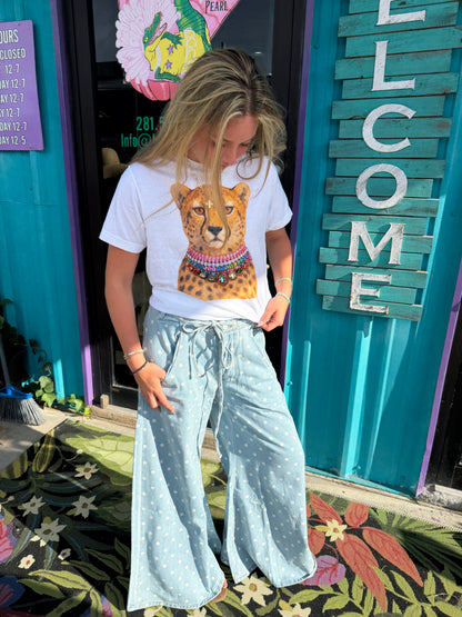 Polka Dot Wide-Leg Denim Pants