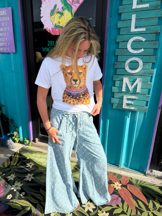Polka Dot Wide-Leg Denim Pants
