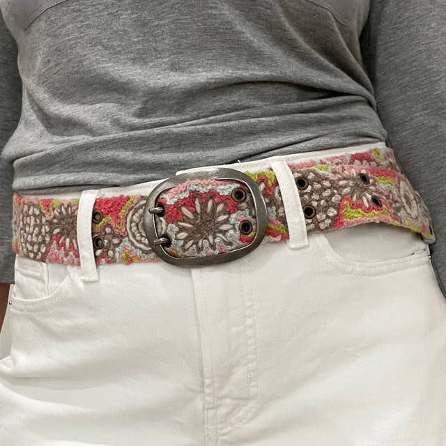 Heather Gray Floral Embroidered Wool Belt