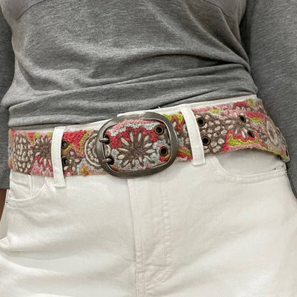 Heather Gray Floral Embroidered Wool Belt