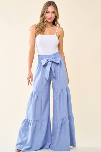 DENIM SMOCKING WAIST TIER WIDE PANTS