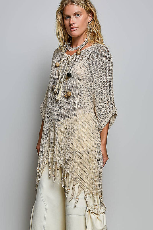 Boho Crochet Open Knit Tassel Fringe Poncho Top
