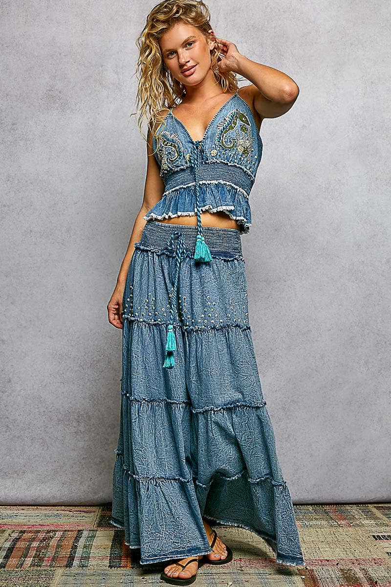 Embroidery Bead Tassel Tiered Denim Maxi Skirt