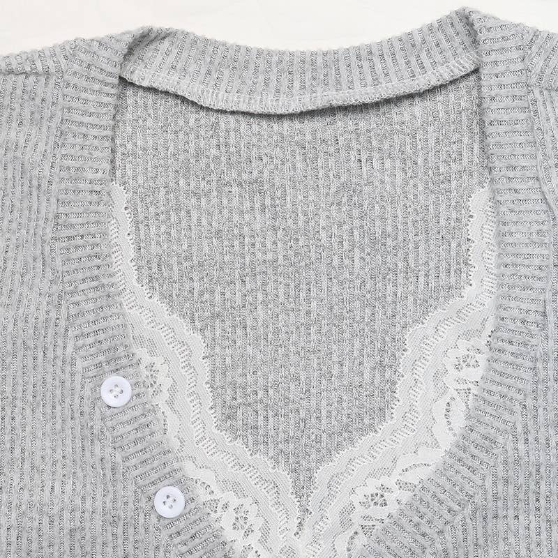Lace Trim Button Front Ribbed Knit Top